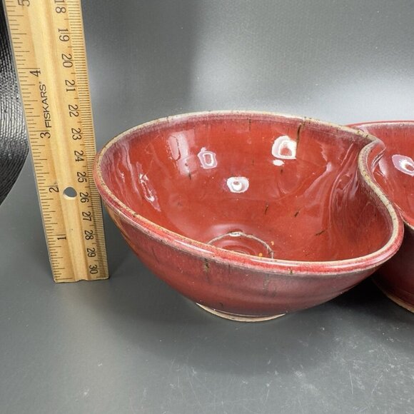 Vintage Hand Made Studio Art Pottery Divided Dish Double Salsa Bowl Chip N Dip - Picture 3 of 16